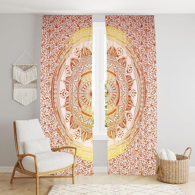 BLESS INTERNATIONAL Beautiful Indian Bohemian Psychedelic Hippie Ombre Window Curtain Panels for Bedroom, Living, Balcony (Yellow Orange Ombre)