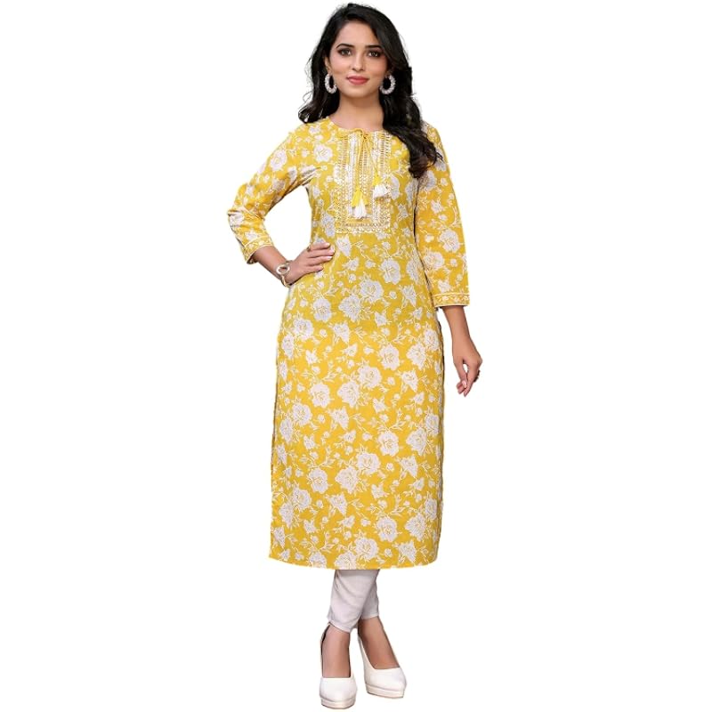 Rangita Yellow Cotton Calf Length Embroidered Straight Kurti | Kurta for Women_L