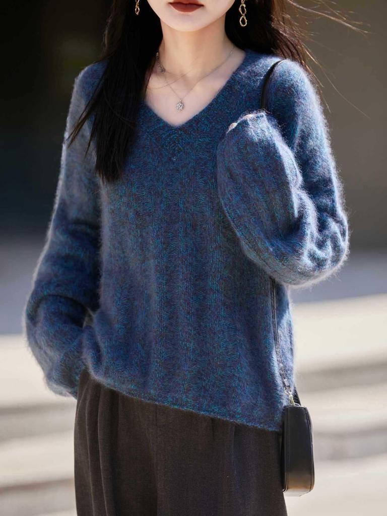 2026 V-neck Brushed Yarn Cashmere Women's Sweater Coat with Fur Trim