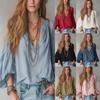 Women V Neck Long Sleeve Blouse Solid Color Casual Loose Fit Beach Vacation Top