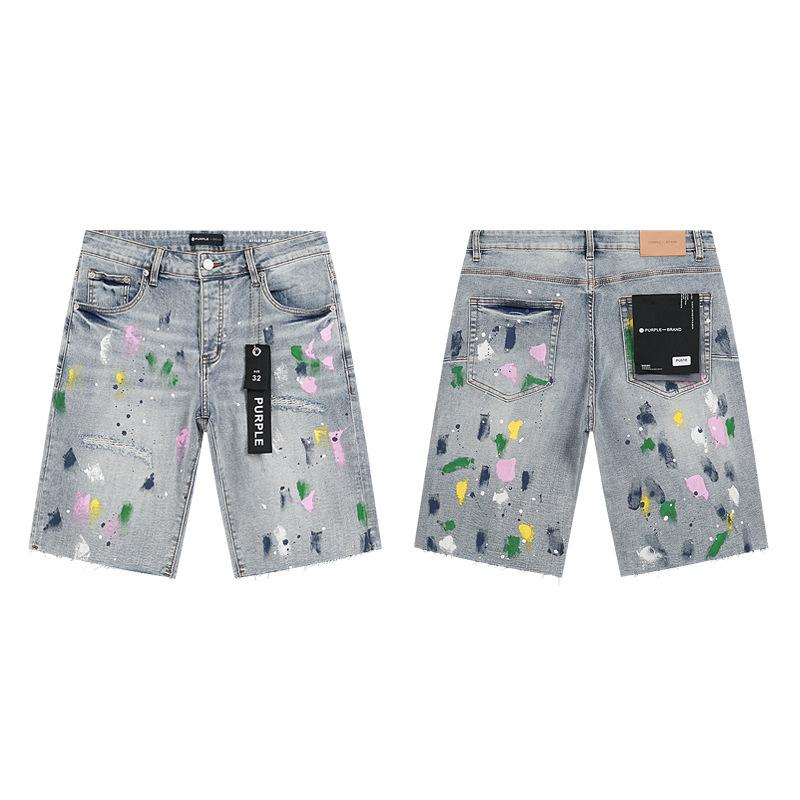 Cross-border European and American Trendy Brand Purple Splashing Ink Hot Diamond Worn Washed Denim Shorts Men's and Women's High Street Straight Five-