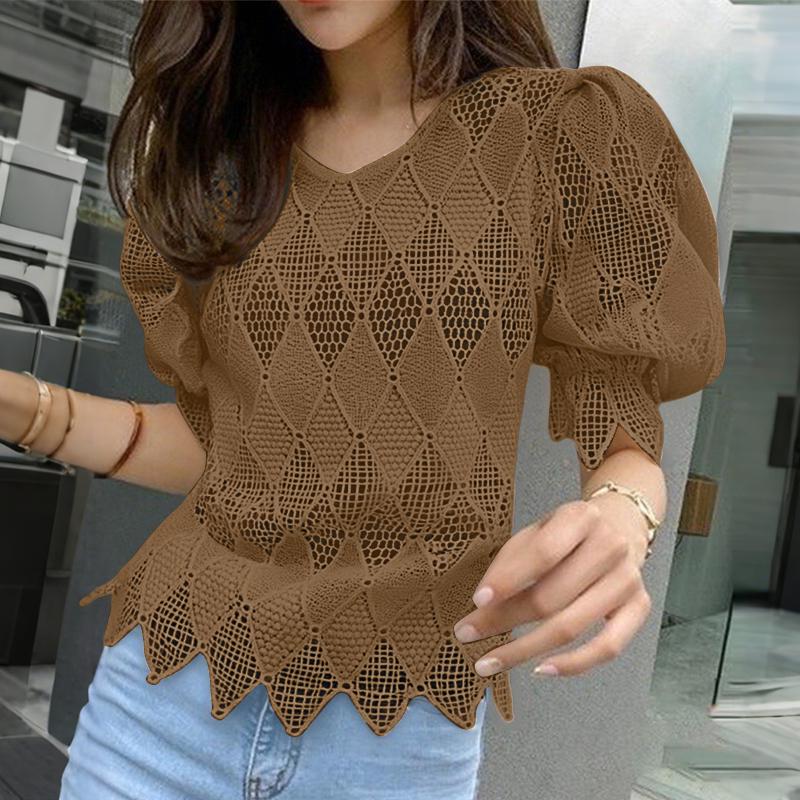 

ZANZEA Женская повседневная блузка с круглым вырезом, рукавом 3/4, неровным низом и ажурным узором XL хаки