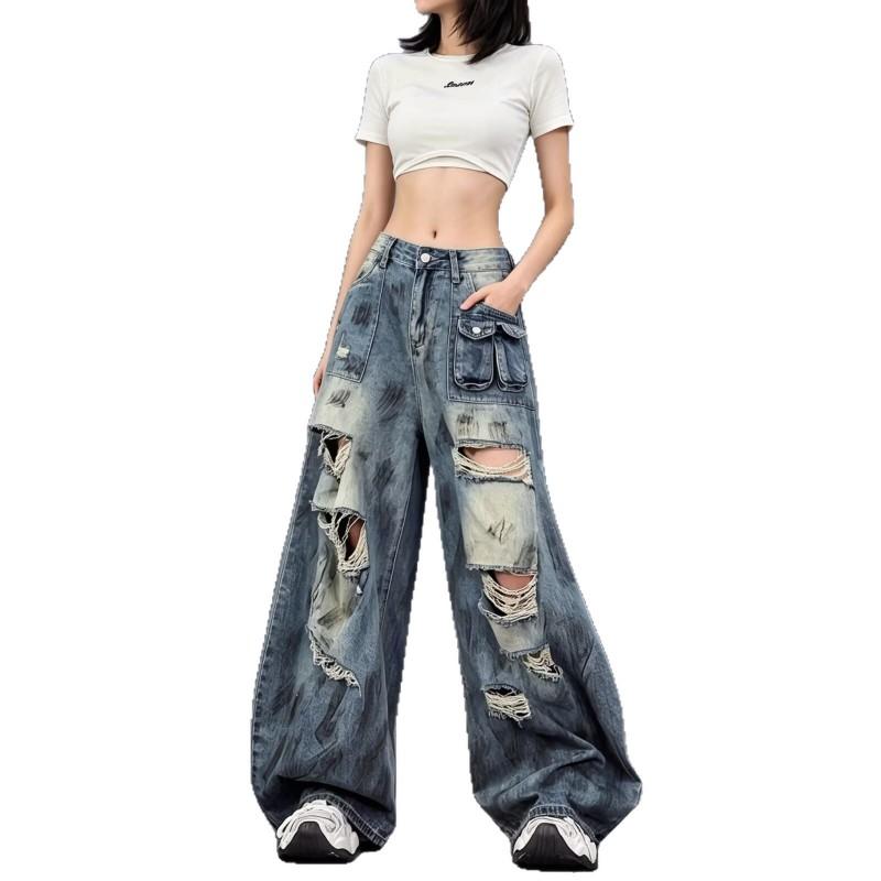 Vintage Washed Straight Leg Denim Pants Men Women Oversized Relaxed Fit Distressed Button Fly Jeans