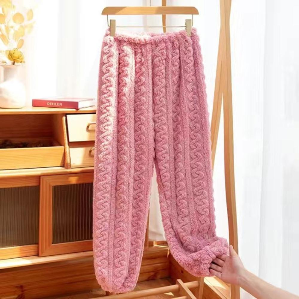 Coral Fleece Jacquard Pajamas Set Women Autumn Winter Fleece Thickened Warm Crew Neck Cable Knit Loungewear Wearable Outside