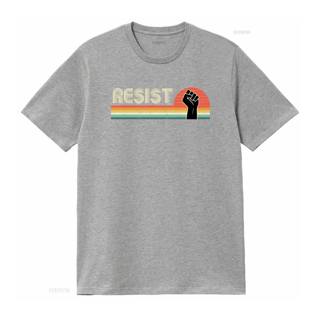 Retro Resist T Shirt Vintage Sunset Design With Fist Symbol Trendy Streetwear For Protest And Style Vintage Stretched
