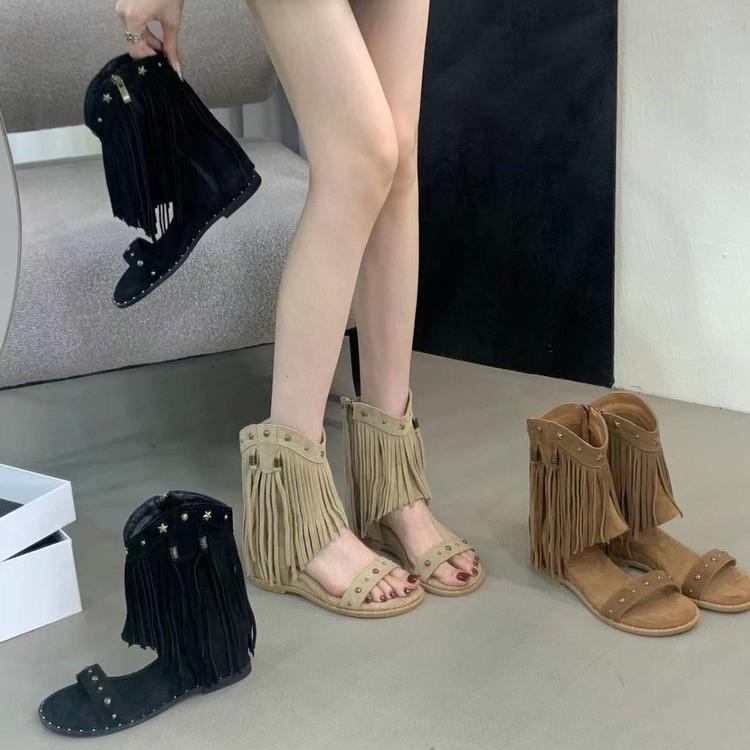 Stivali da cowboy occidentali da donna in stile romano, alla moda, con punta a clip e cerniere posteriori, stivaletti a metà polpaccio, con elevazione interna, scarpe da donna