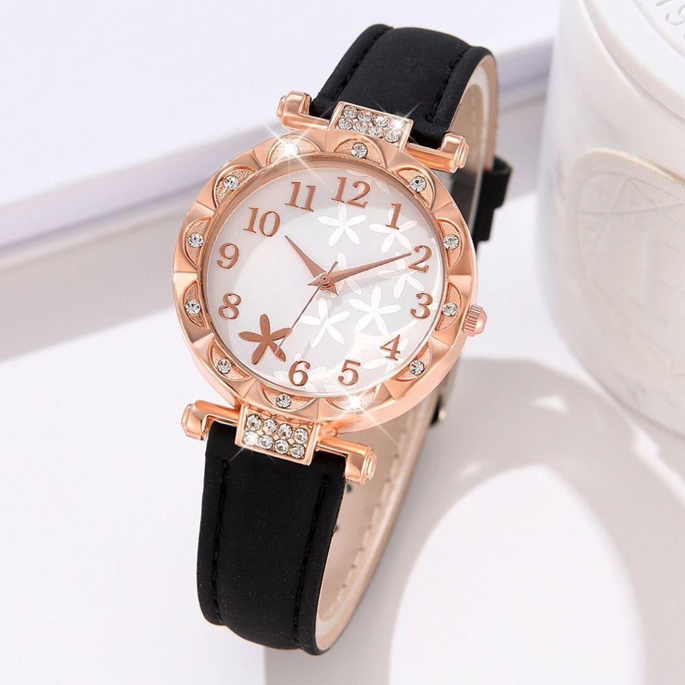 Rhinestones Ladies Diamond Inlay Quartz Watches Electronic Starfish Dial Quartz Wristwatch Leather Strap Watch Bracelet Set