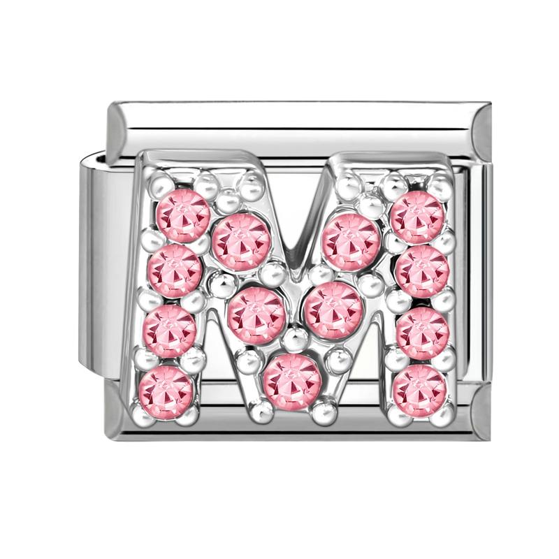 1pz Micro Intarsiato Zirconia Rosa Full Zircone 26 Lettere Inglesi Fascino Italiano Adatto Bracciale in Acciaio Inossidabile da 9mm Gioielli Fai da Te