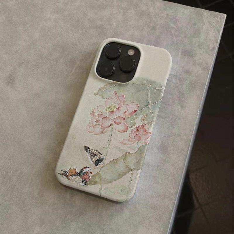Aesthetics Elegant Traditional Chinese Lotus Mandarin Ducks Phone Case For IPhone 17 16 Plus 15 14 11 12 13 ProMax Durable Cover