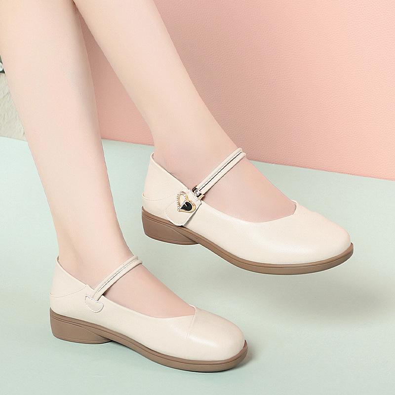 Summer new shallow low-heeled, child comfortable women's single shoes soft-soled flat-soled one-word buckle leather shoes