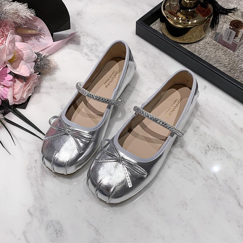 French single shoes women's skirt summer with 2025 new ballet silver flats Mary Jane small leather shoes evening shoes