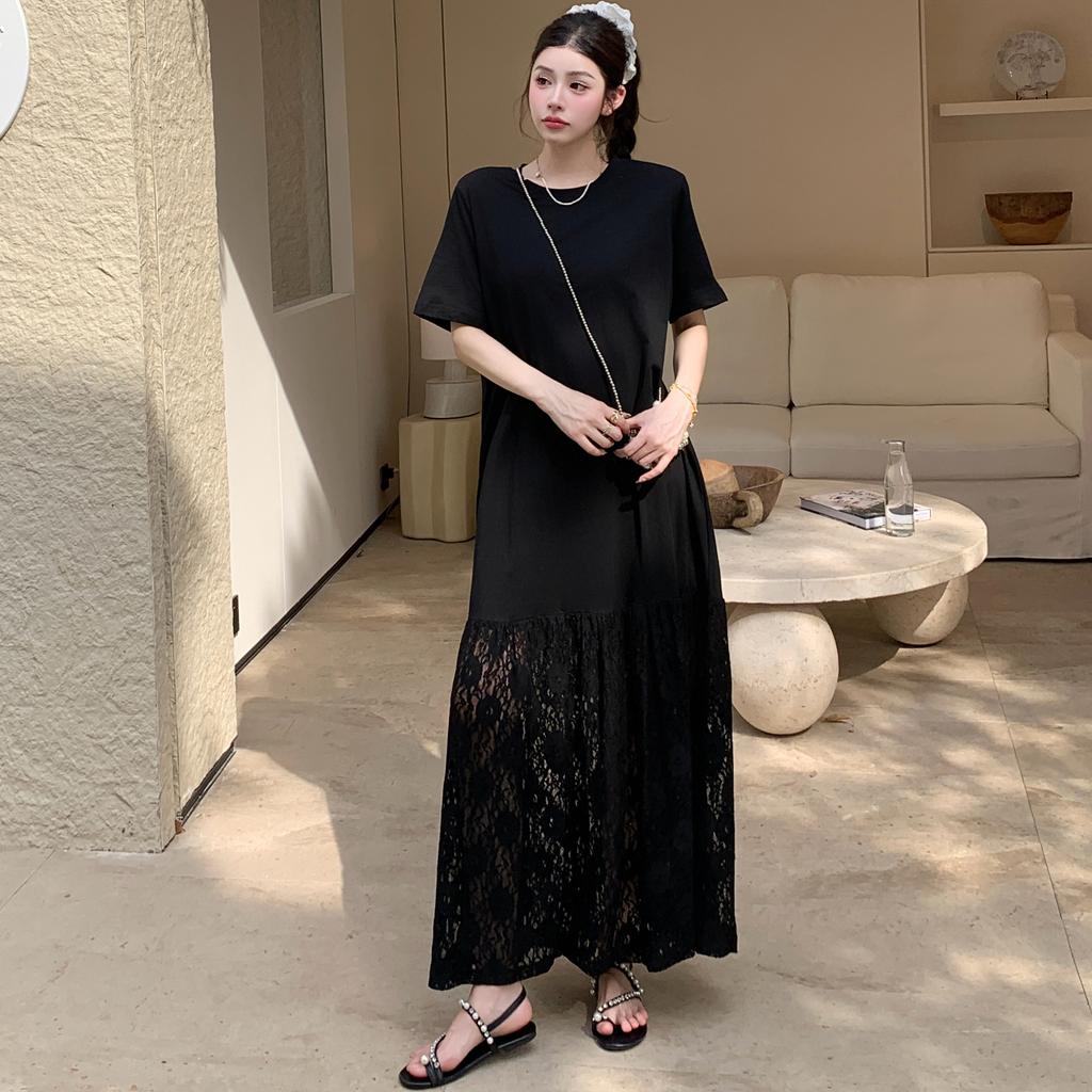 DIMANAF 2025 Summer Plus Size Dress Women Casual Vintage Dress Spliced Lace Black Basic Long Loose Dress