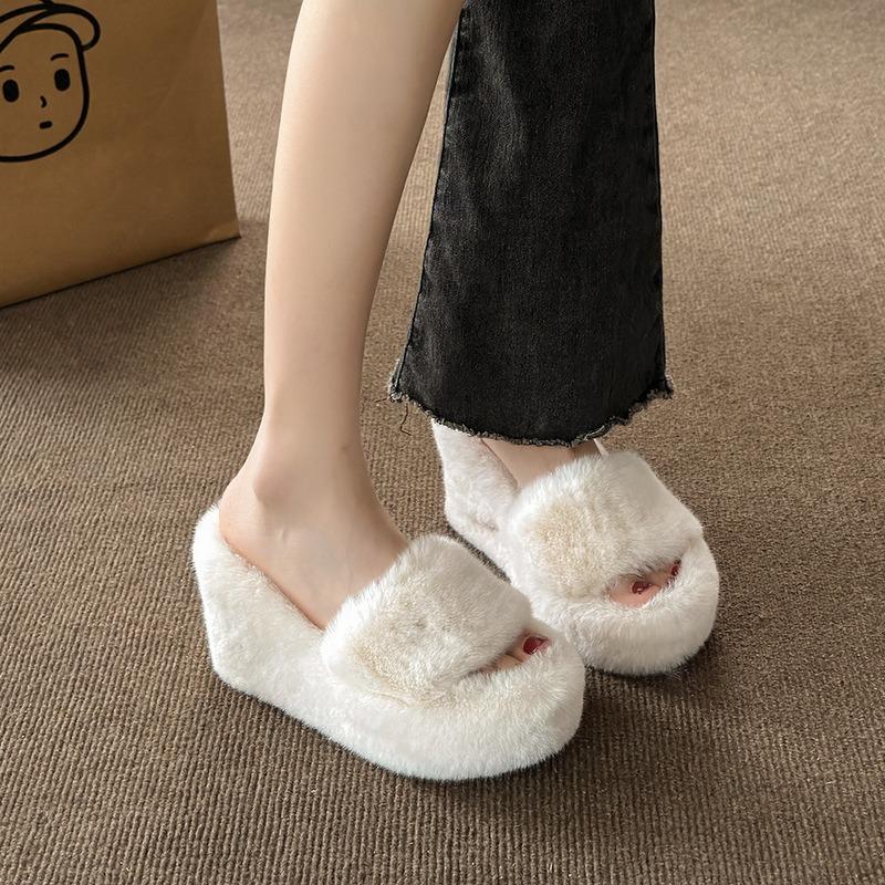 Small Slope Heel Super High Hairy Slippers Women Wear Autumn and Winter Home Hairy High Heel One-word Drag