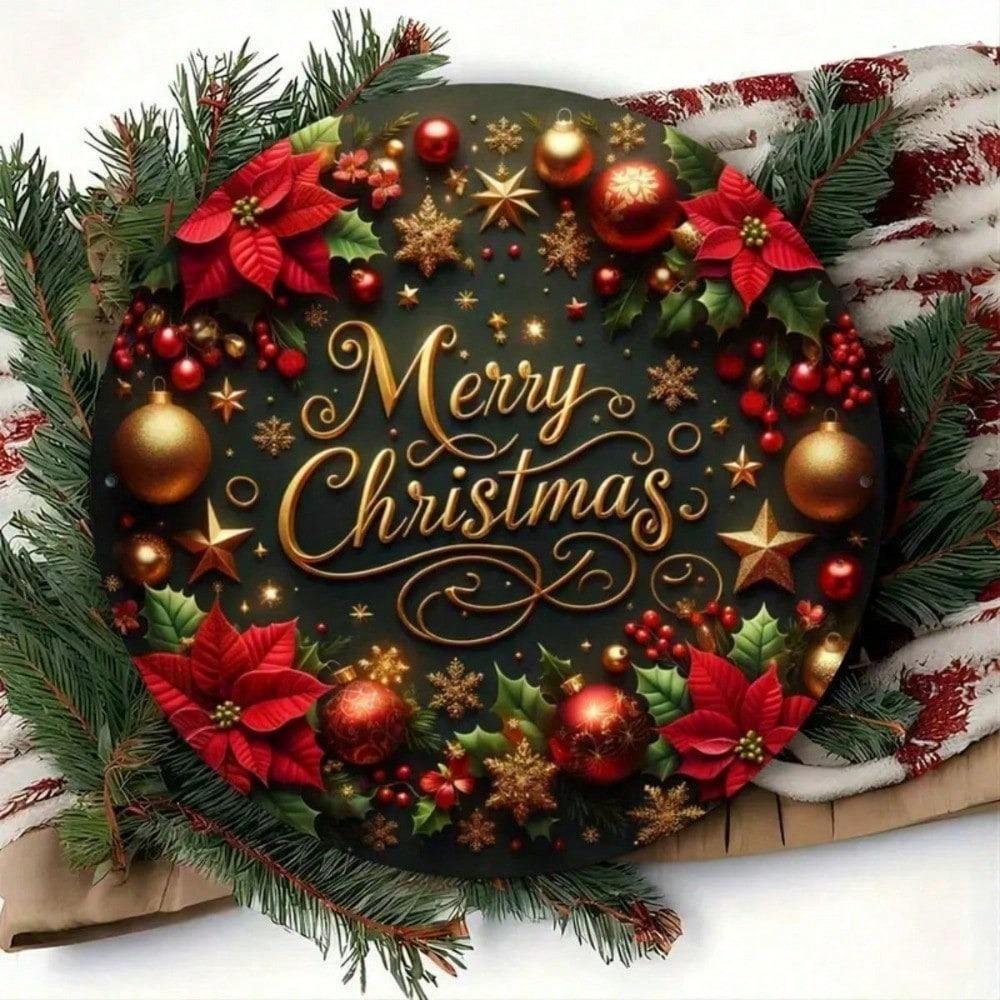 Vintage Red Truck Metal Christmas Wall Sign 8 Inch Round Waterproof Holiday Home Decor Hanging Plaque