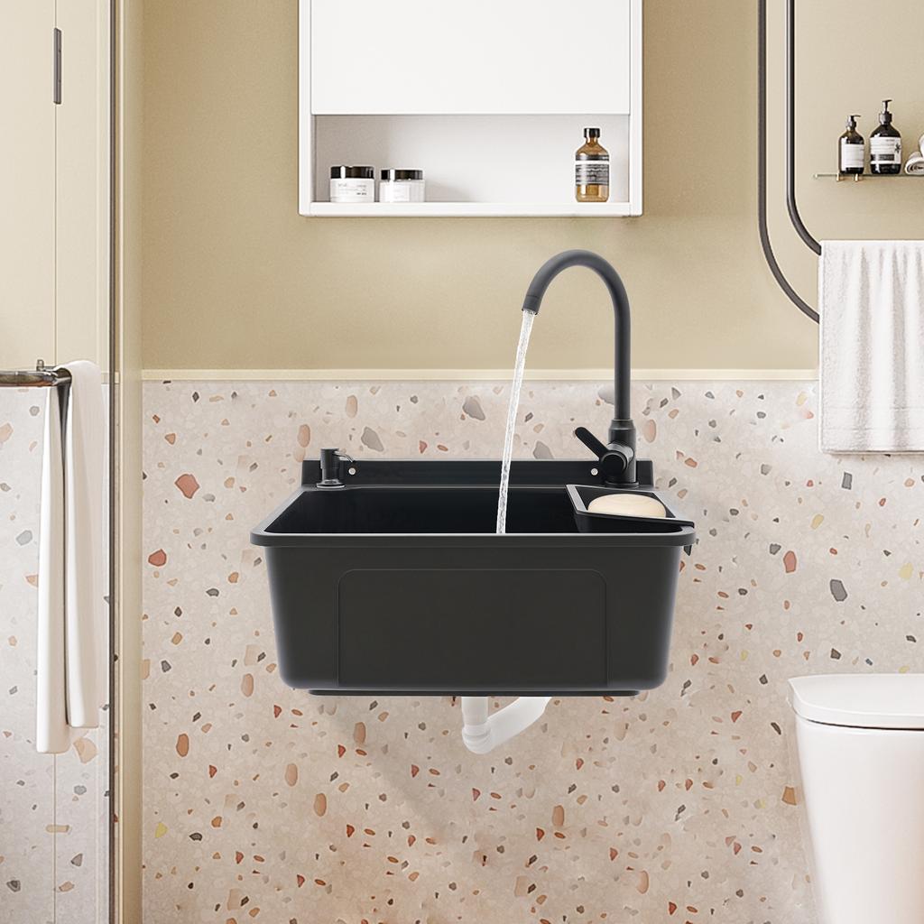 Wall-Mounted Sink, Black Small Basin, PP Utility Sink for Laundry Room, Garage, Kitchen, Modern Style Sink, 20.08x17.52x9.45in