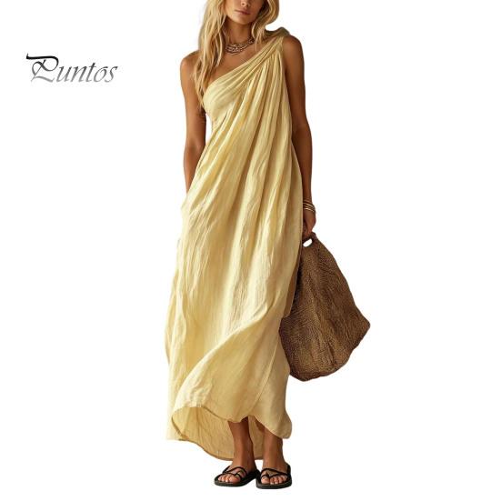 Women Casual Dress Women's Summer One Shoulder Beach Sundress, Pleated A-line Polyester Flowy Long Dress, Loose Travel Vacation Versatile