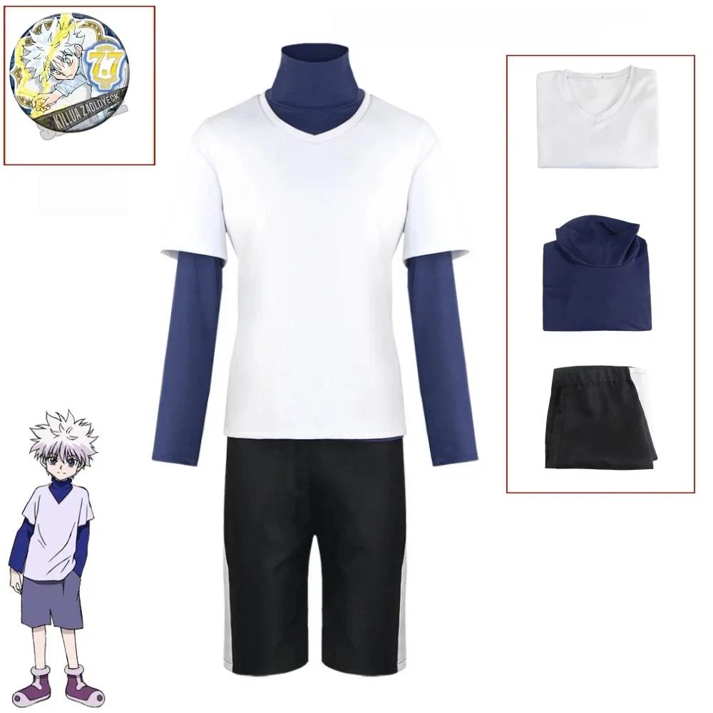 Hunter X Hunter Killua Zoldyck Cosplay Costume Number 99 Badge Halloween Christmas Party Cosplay Suit Shirt Short White Wig