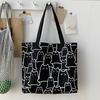 Women Canvas Bag Cat Pattern Zipper Design Tote Bag Large Capacity Japanese Style Lightweight Shoulder Bag