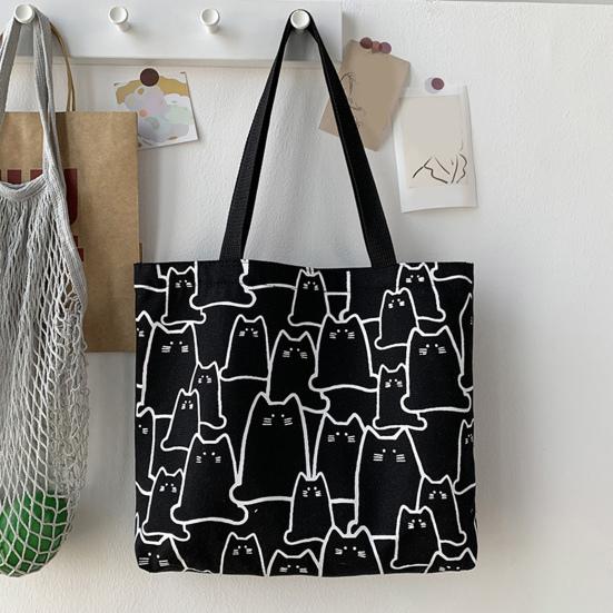 Women Canvas Bag Cat Pattern Zipper Design Tote Bag Large Capacity Japanese Style Lightweight Shoulder Bag