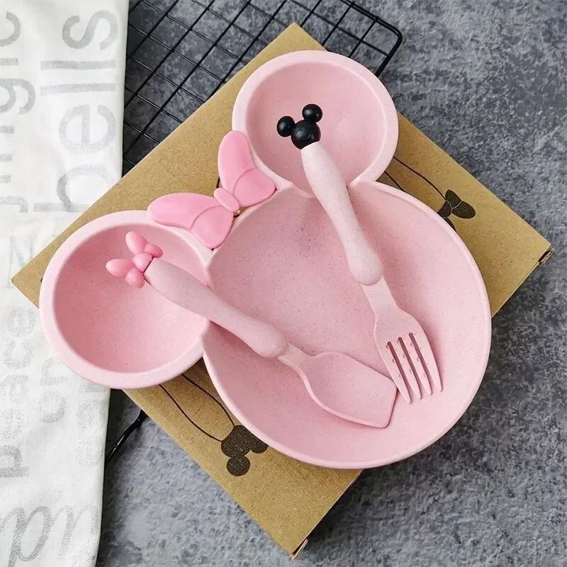 3 Stück/Set Cartoon Baby Schüssel Geschirr Set Weizenstroh Kindergeschirr Kinder Abendessen Fütterungsplatte Schleife Speiseteller Löffel Gabel