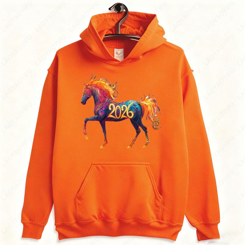 Fiery Horse 2026 Hoodie Vibrant Zodiac Art Gift Drop Shoulder Sweatshirt  Woman Vintage Fashion 2026 New Year Winter Hoodies