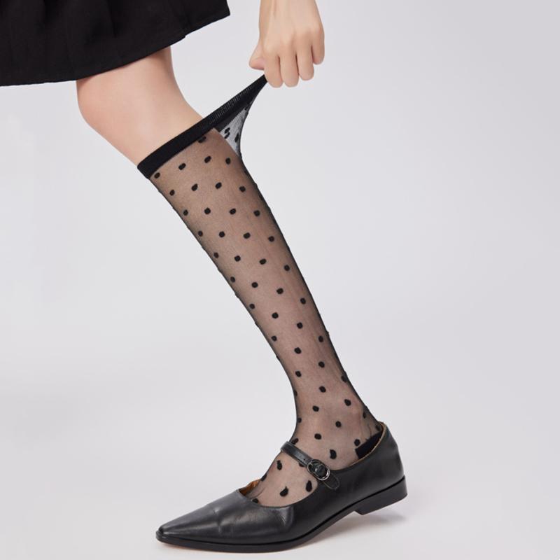 Crystal Silk Socks Women Stockings Summer Ultra-thin Transparent Knee Socks Polka Dot JK Girls Black White Long Socks Stockings