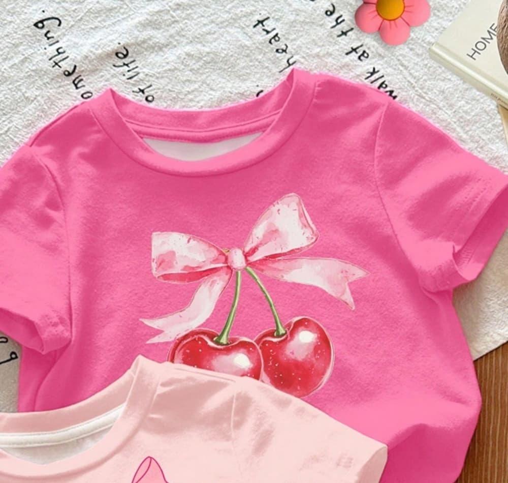 Summer Strawberry Printed T-Shirt Sweet Cute Cartoon Short Sleeve Children's T-Shirt Crew Neck Casual Tees Outdoor Girls Clothes