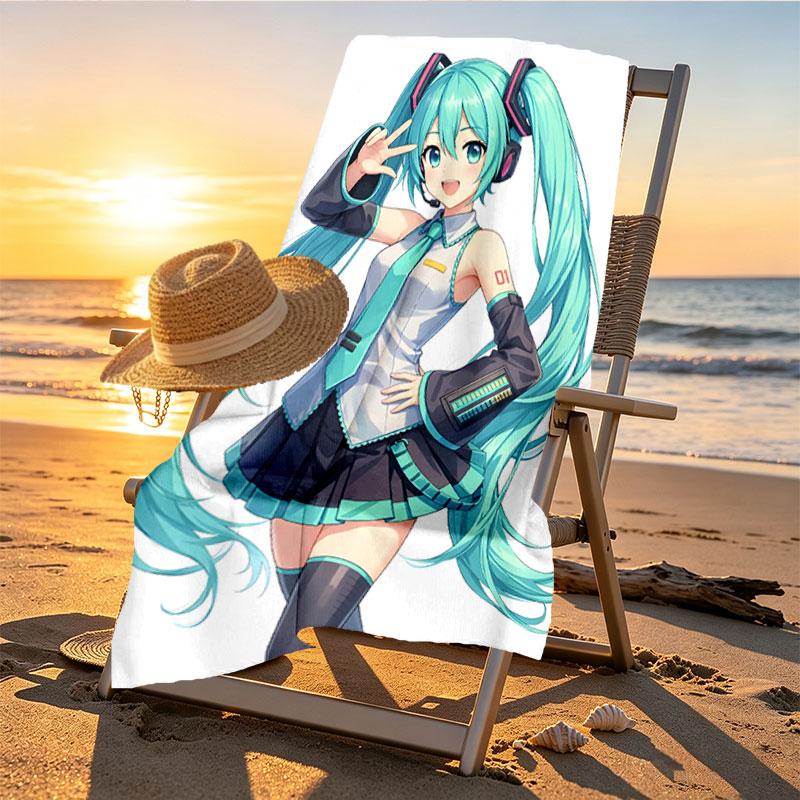 Hatsune Miku Print Beach Towel Design, Soft, Lightweight. for Home Bathroom, Spa, Pool, Yoga, Surfing, Camping, Gift for Family, Friend