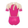 Girls Figure Skating Bodysuit Short Sleeve Cutout Back Sheer Mesh Patchwork Shiny Rhinestones Metallic Dancewear