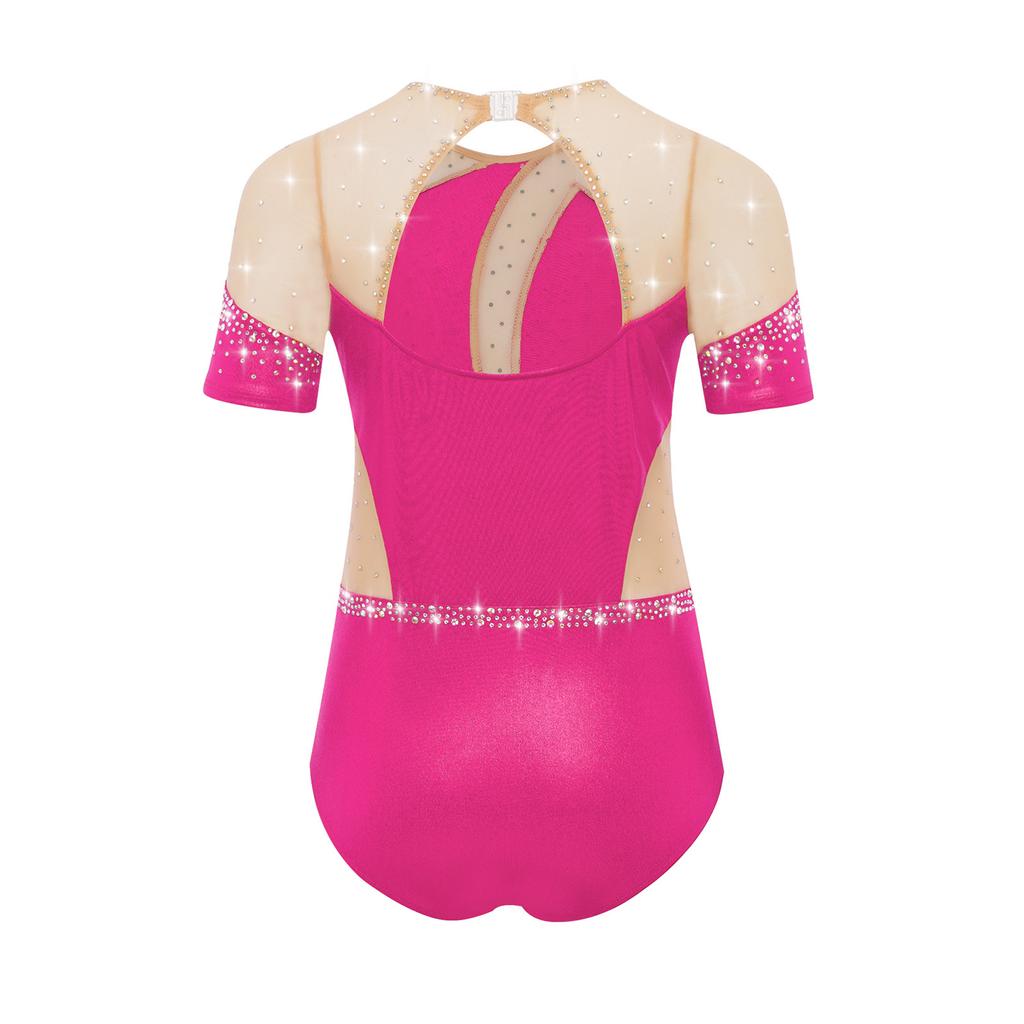 Girls Figure Skating Bodysuit Short Sleeve Cutout Back Sheer Mesh Patchwork Shiny Rhinestones Metallic Dancewear