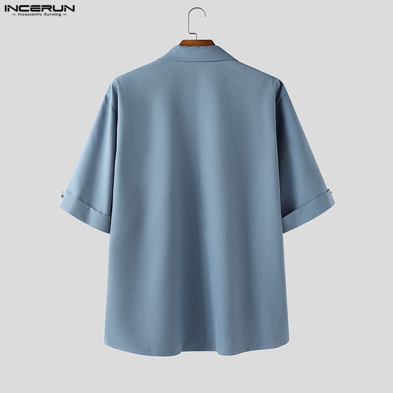 INCERUN Two Pieces Outfits Men Lapel Neck Short Sleeve Striped Shirt Long Suit Pants Sets