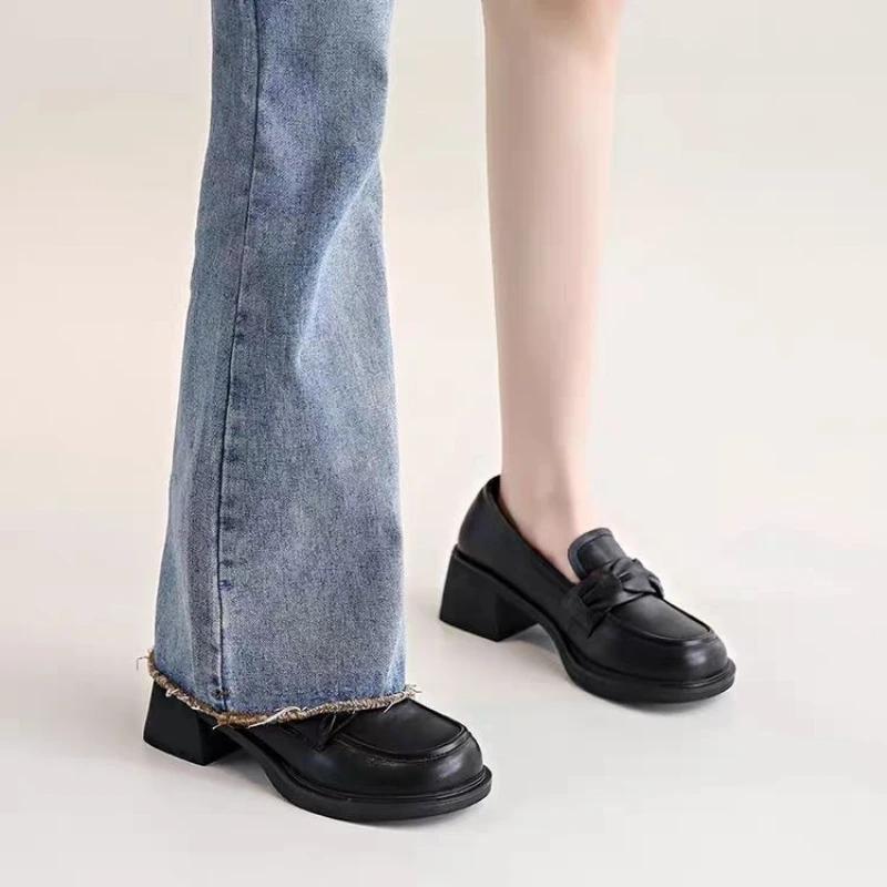 Woman PumpsLoafers Chunky Heels Shoes for Women on Heeled Loafers Round Toe Block Heel High Pumps Moccasins Lastest Luxury Brand