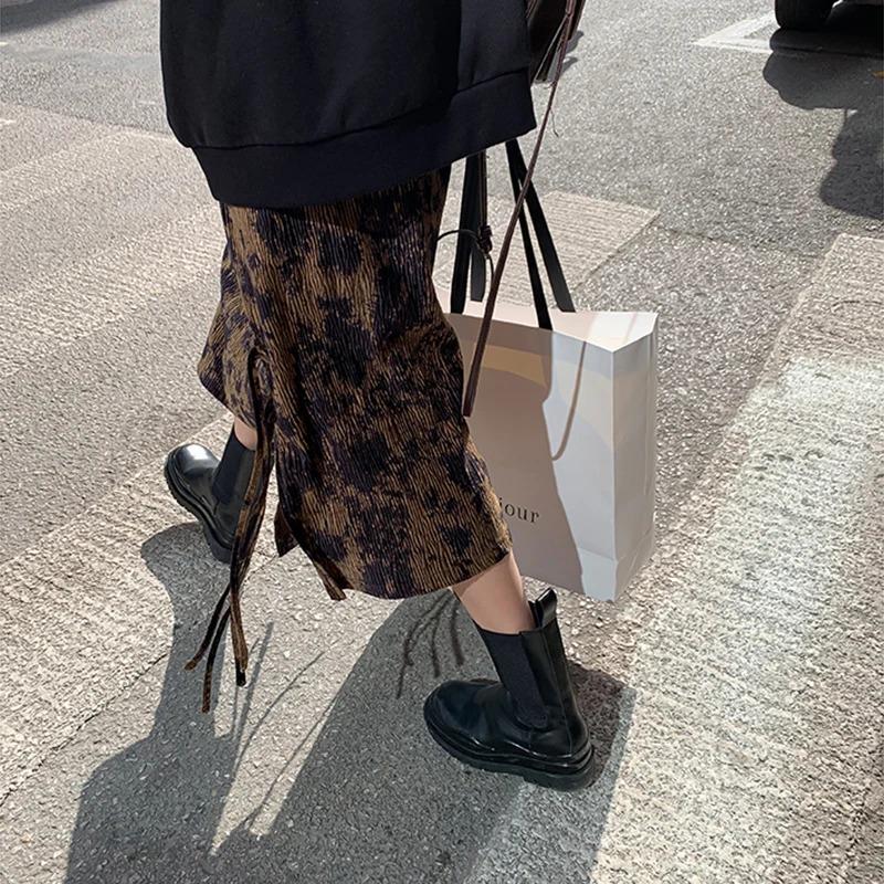 Autumn Vintage Print Summer Skirts Lace Up High Waist Long Midi Skirt Corduroy Midi Length Korean Elegant Office Streetwear Z339