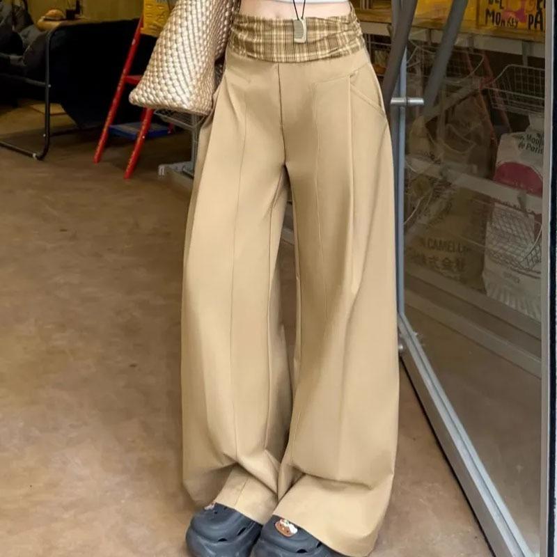 Damen karierte Patchwork-Sweatpants mit weitem Bein, elastischer Bund, lässige Hose
