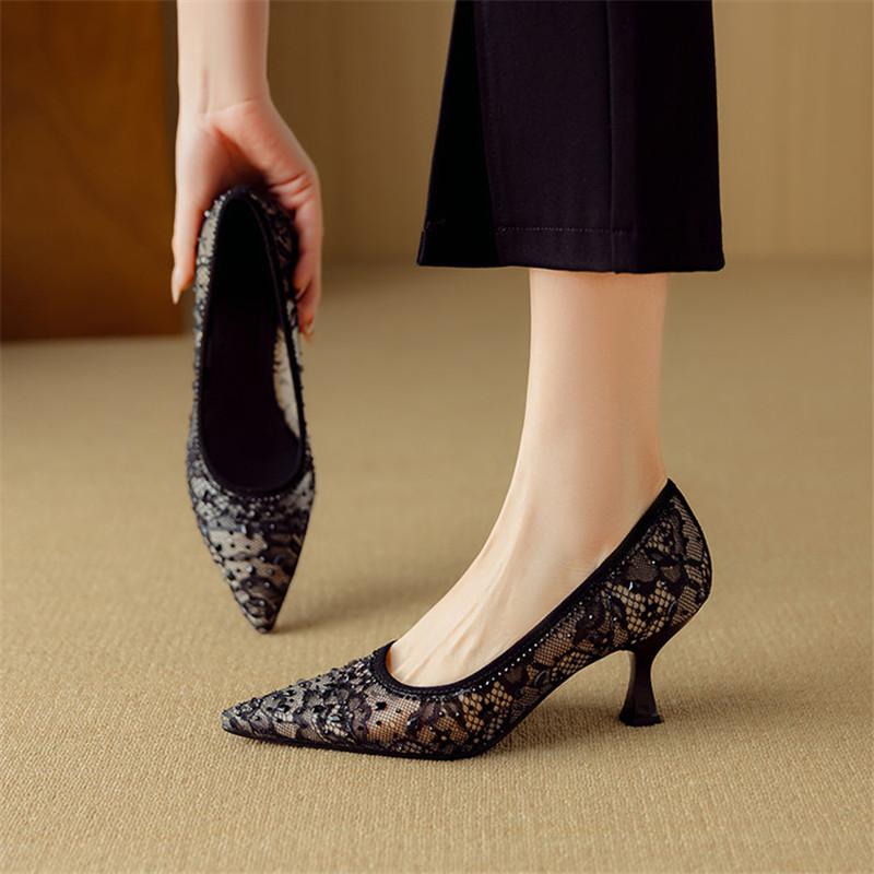 Fashion New Spring/summer Fabric Shallow Shoes for Women Fashion Lace Mesh Pointed Toe Women Pumps Breathable High Heels Apricot Black