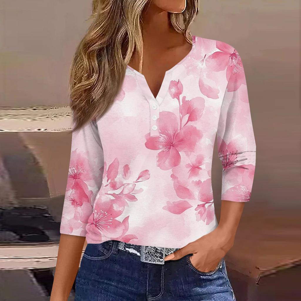 Women's T Shirt Tee Print Button 3/4 Sleeve Daily Weekend Fashion Basic V- Neck Regular Top