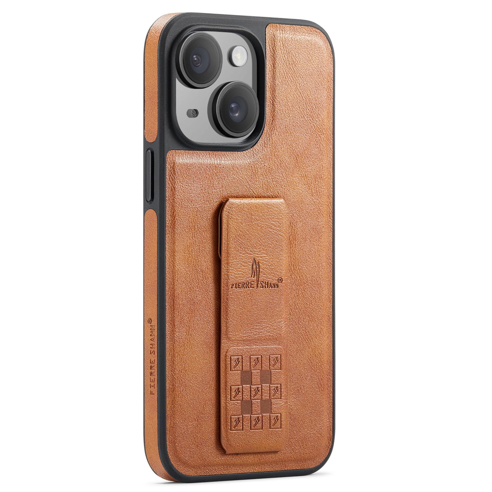 

For iPhone 15 Case Kickstand Leather Slim Back Cover Brown