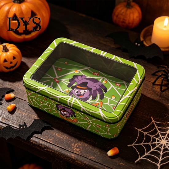 Seasonal Kitchen Storage Halloween Tin Box with Clear Lid, Witch Pumpkin Ghost Candy Window Metal Cases Container for Cookies Snacks, Festive