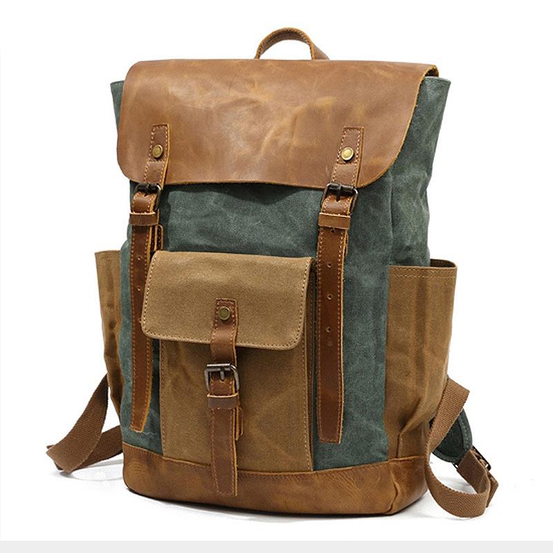 Sac à dos Homme Voyage Imperméable Sac Ordinateur Portable Sac à Dos Toile Cirée Huilée Vintage Sacs à Dos Cuir Sac à Dos Homme Sac d'École