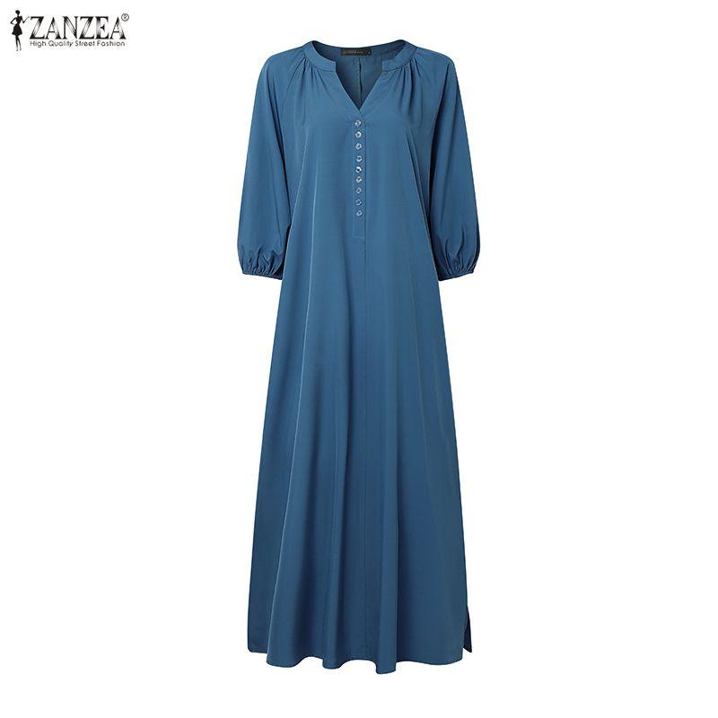 ZANZEA Women Casual V-Neck Loose Half Sleeve Long Dress