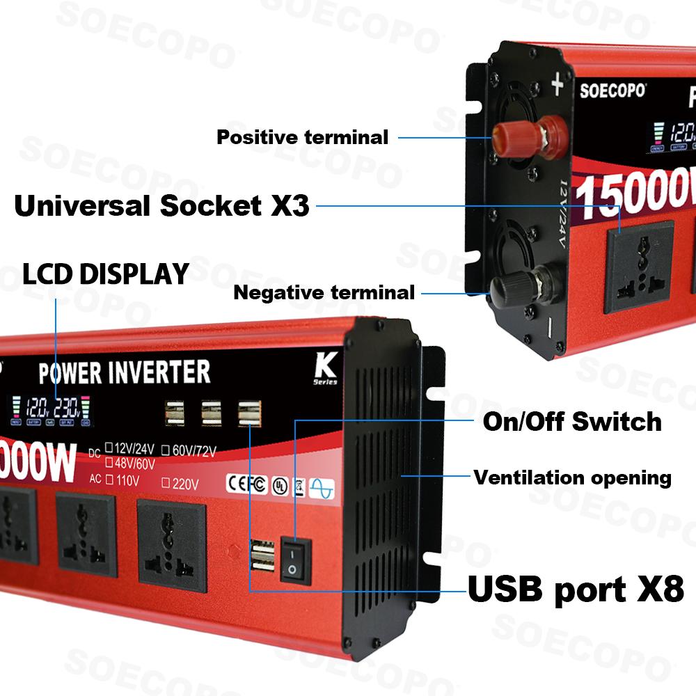 Dual Voltage Input 15000W Current Inverter 8 USB Ports 3 Universal Sockets Smart Solar Inverter DC To AC 110/220V Camping Home