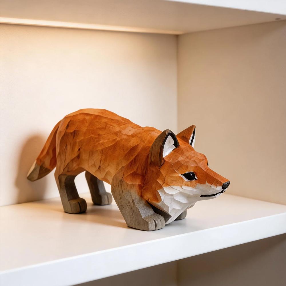 Handcrafted wood carving Fox Statue Cute Fox Figurines Desk Ornament Decorations Accessories Animal Sculpture Home Decor Crafts