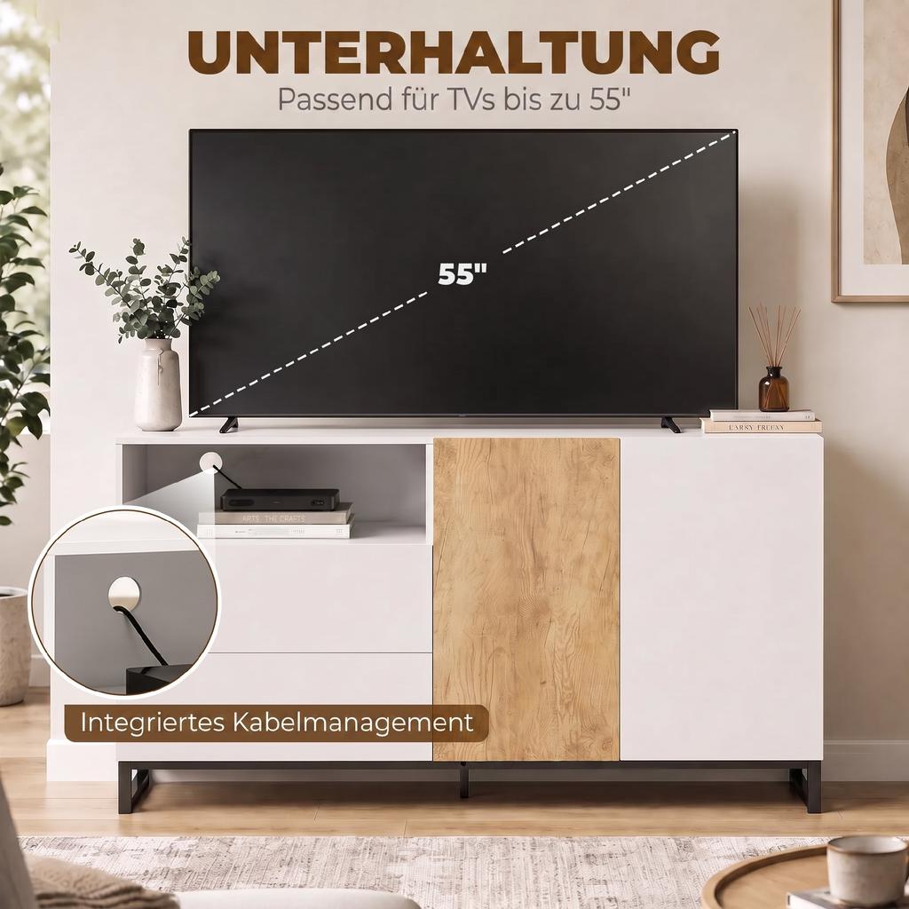 Sideboard Modern Storage Cabinet with 2 Soft-Close Doors and 2 Drawers 140x40x85 Cm, White