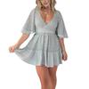 Women's Lace Mini Dress, V Neck 3/4 Bell Sleeve Ruffle Hem A Line Short Dress, Casual Summer Vacation Dress
