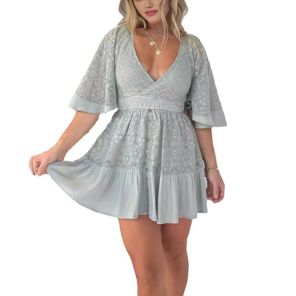 Women's Lace Mini Dress, V Neck 3/4 Bell Sleeve Ruffle Hem A Line Short Dress, Casual Summer Vacation Dress