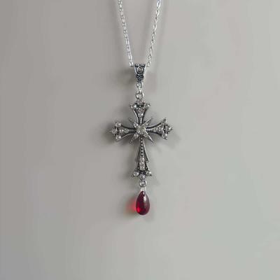 Victorian Gothic Droplet-shaped Red Glass Crystal Cross Pendant Necklace for Women Halloween Party Retro Temperament Jewelry