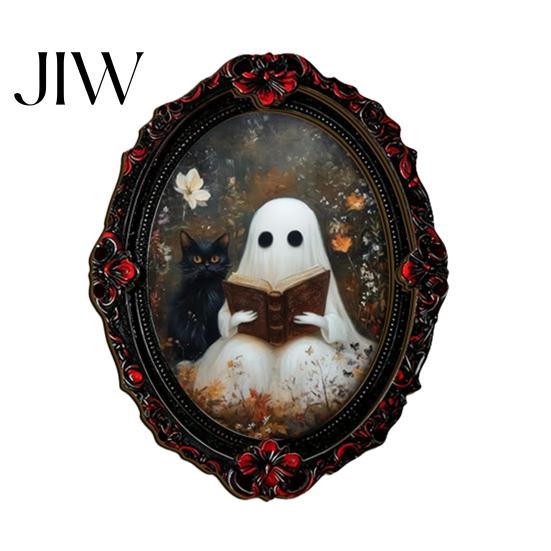 Vintage Style Seasonal Ornaments Halloween Wooden Refrigerator Magnets, Gothic Oval Frame Fridge Magnets with Witch Small Holiday Souvenirs