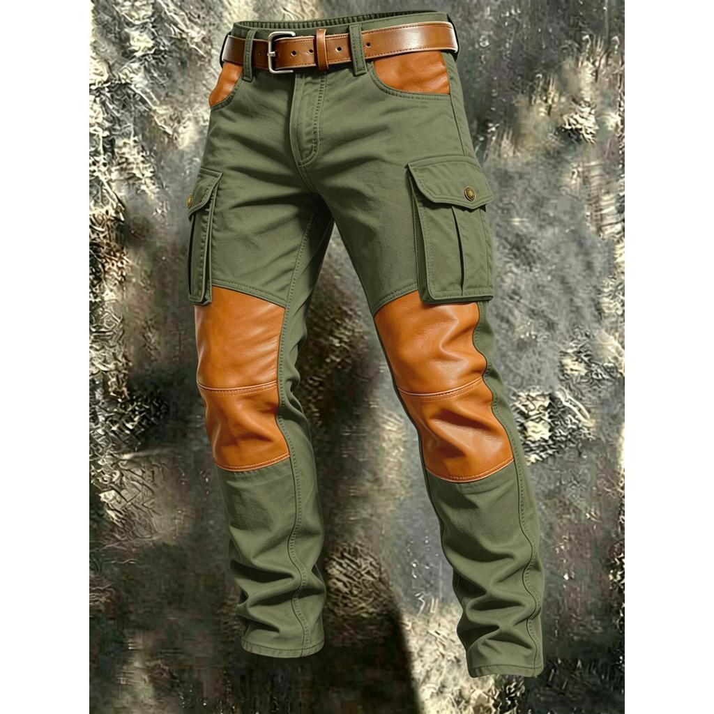 Lange Hosen im Stil 2026 für legere Outdoor-Arbeitskleidung. Herren Freizeithose mit mehrfarbigen und mehrfarbigen Nähten. Lange Hose im Arbeitskleidungs-Stil.
