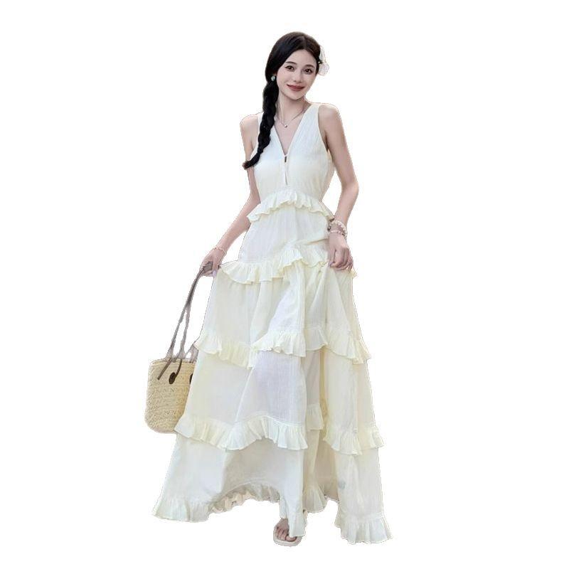 Women's Slip Dress Spring/summer New Elegant Apricot High-waisted Petite Sleeveless High-end Cake Long Dress