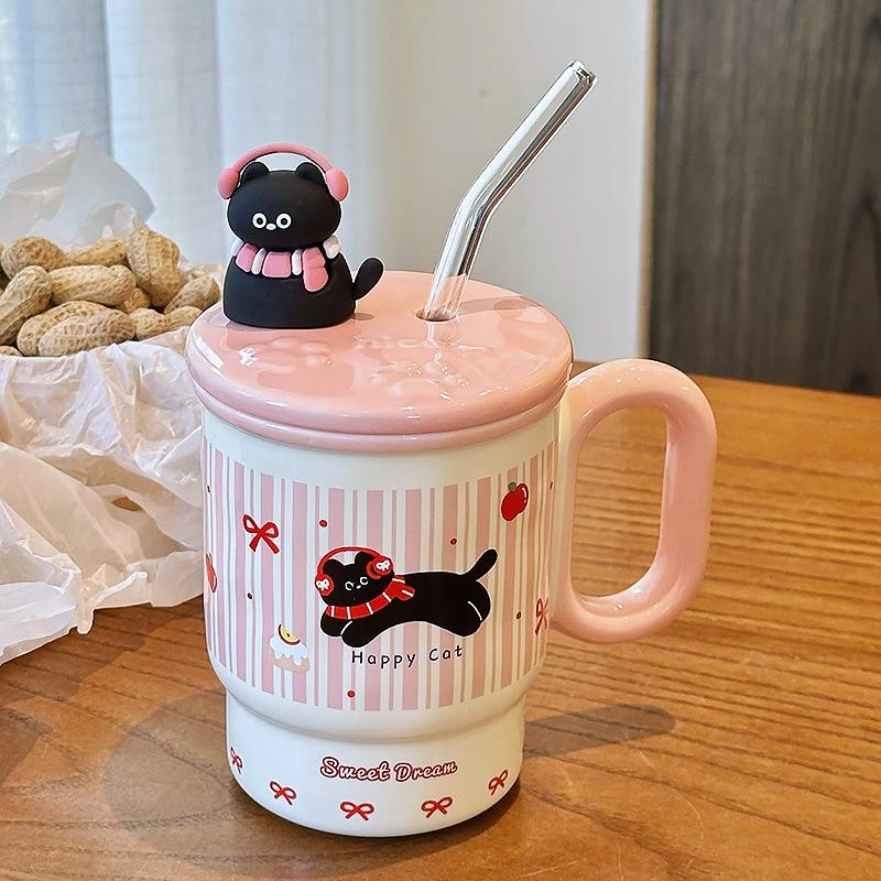 Cute Straw Cup for Drinking Water for Household Ceramic Mug with Lid Water Cup for Girls with High Appearance Office Coffee Cup